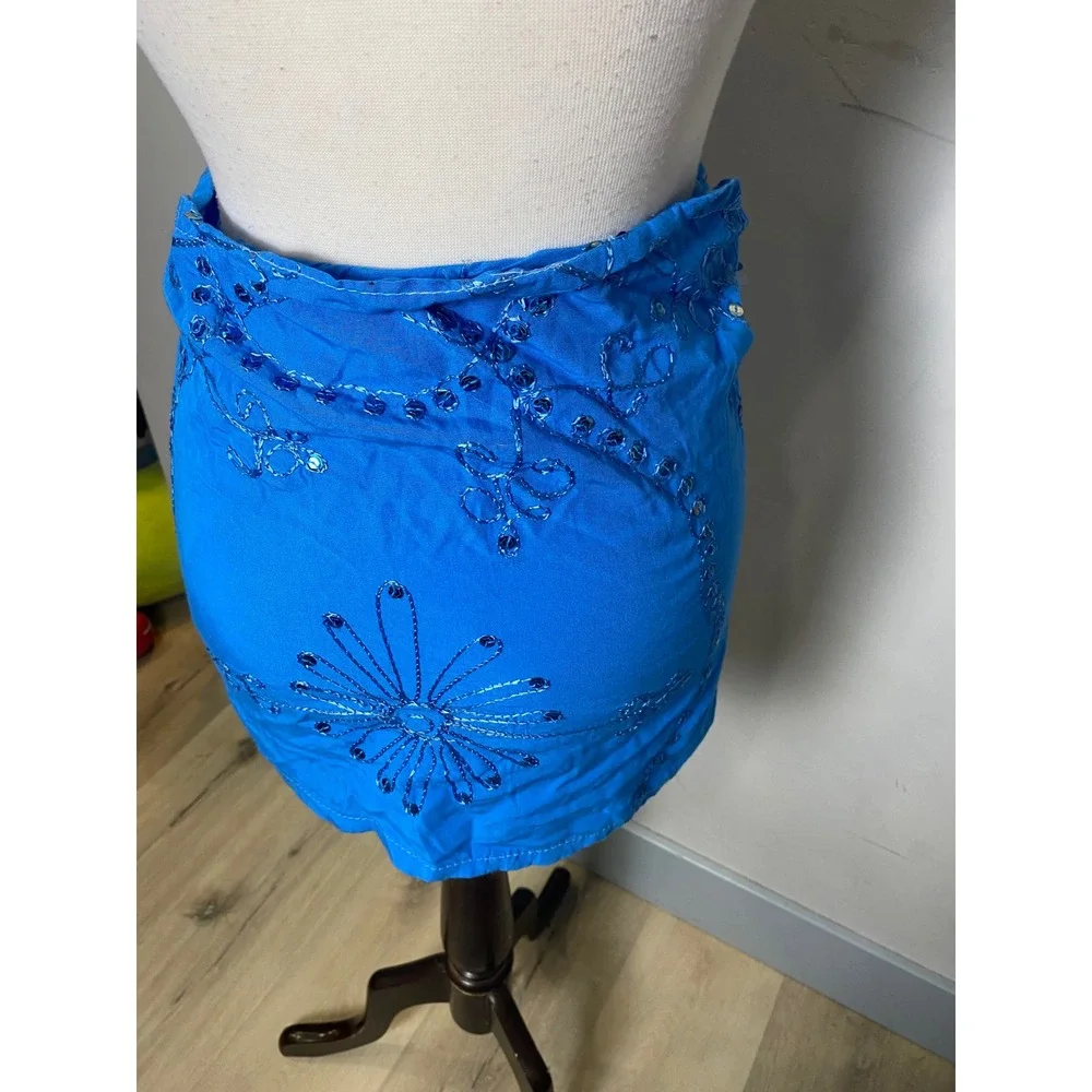Blue Embroidered Sequin Swim Wrap Skirt Floral Beach Cover Up Tie Waist Mini